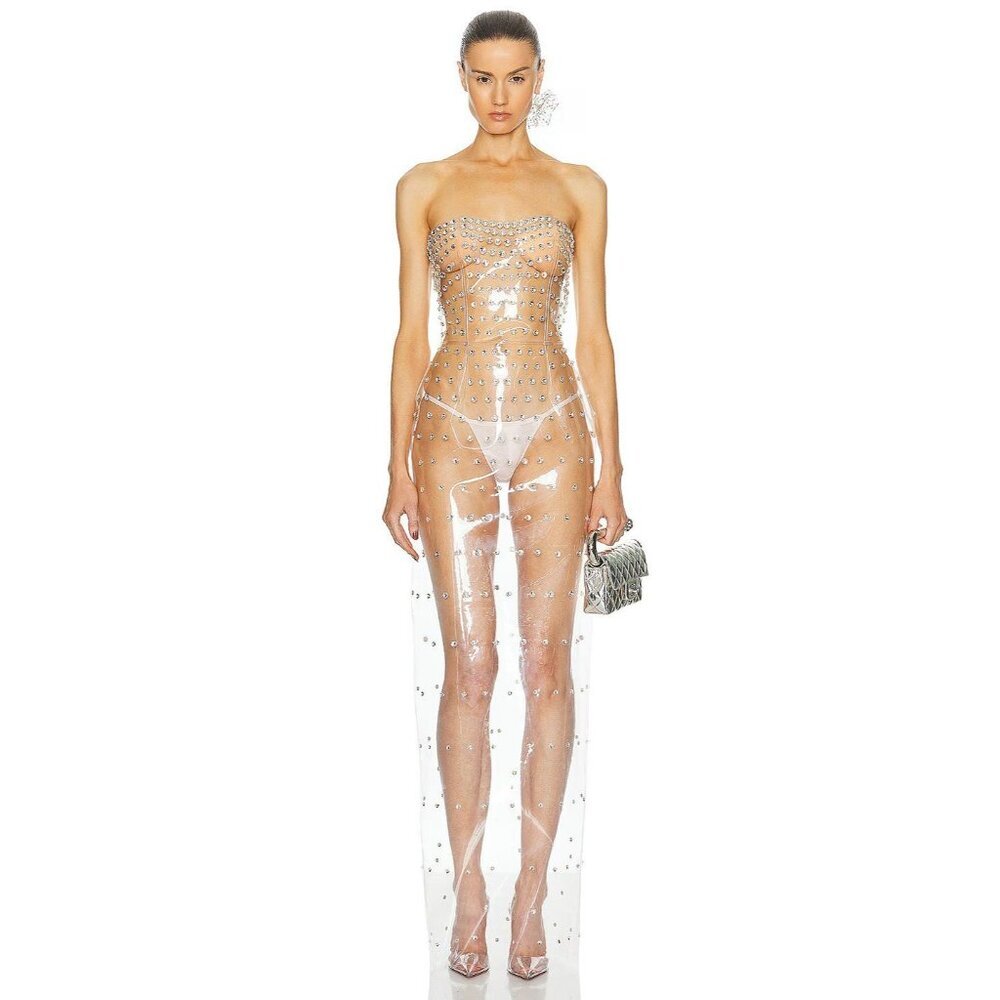 Blumarine Studded Crystal PVC Dress in Transparent 36 Womens Maxi Midi Gown